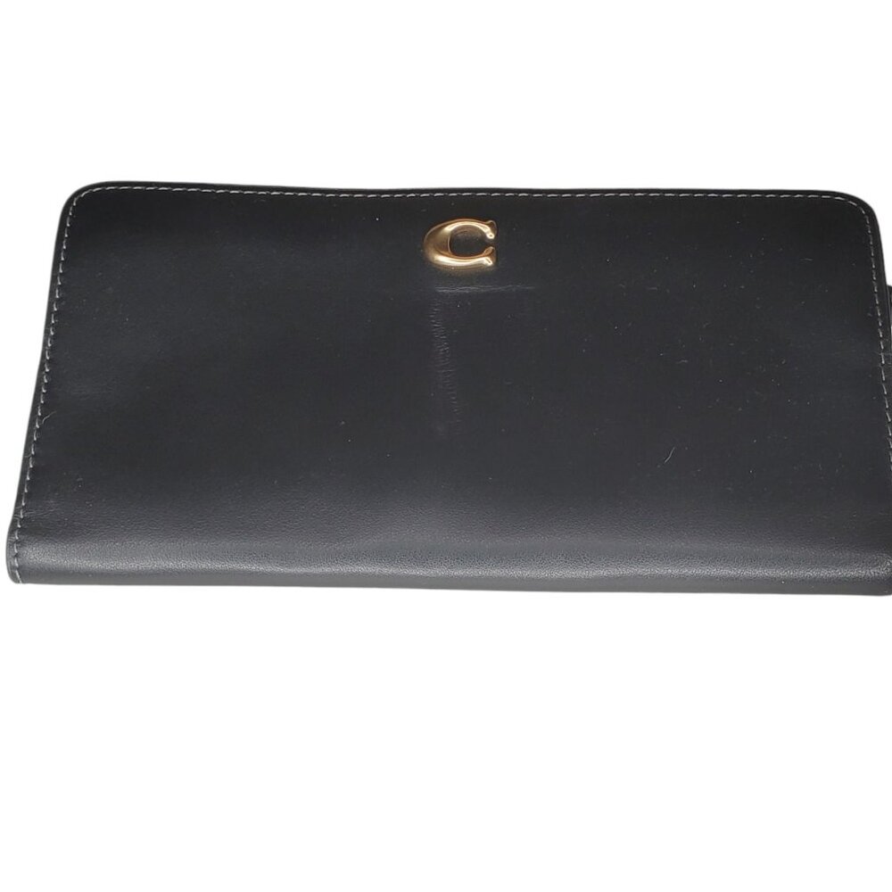 Coach Smooth Skinny Snap Tab Closure Black Leather Wallet Zip Around Logo $248